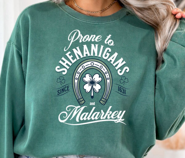 Comfort Colors Prone to Shenanigans and Malarkey Crewneck Sweatshirt, Long Sleeve T-shirt, T shirt for Saint Patrick’s Day Party, St. Pattys