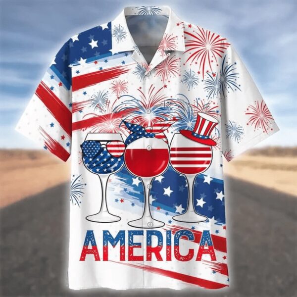 4th Of July Hawaiian Shirt, 3D All Over Print Usa Hawaiian Shirt Glass Drinking Cheer Up Independence Day, Hawaiian Fourth Of July Shirt