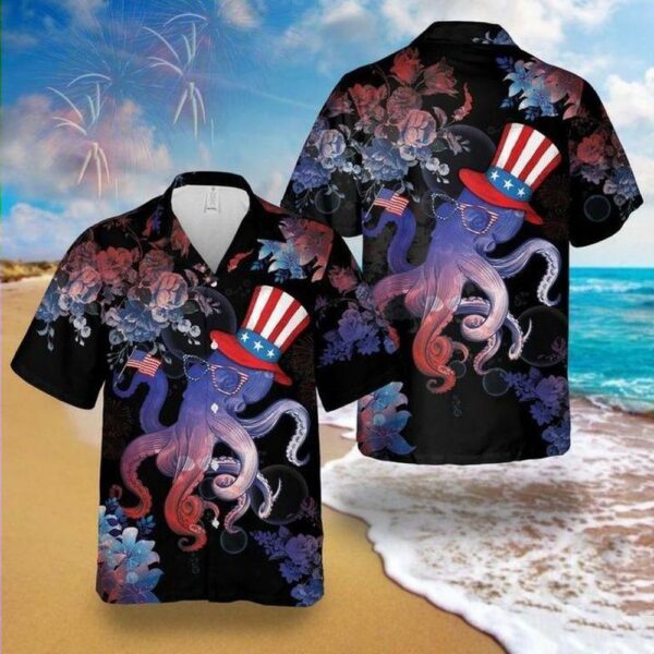 4th Of July Hawaiian Shirt, 4Th Of July Hawaiian Shirt Octopus Celebrates 4Th Of July Flower Black Hawaii Shirt 4Th Of July Aloha Shirt