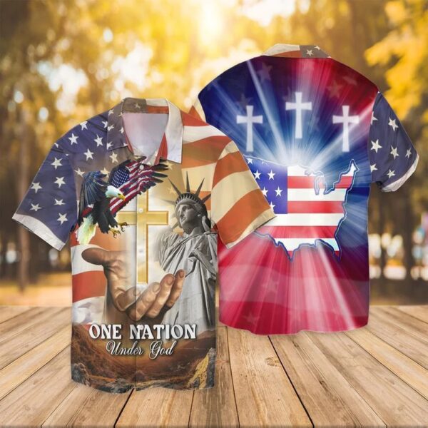 4th Of July Hawaiian Shirt, 4Th Of July Independence Day American Flag Jesus One Mation Under God Eagle Trendy Hawaiian Shirt