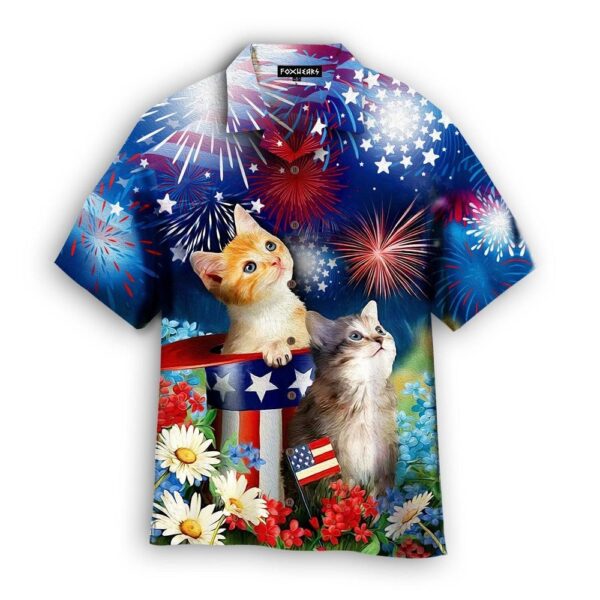 4th Of July Hawaiian Shirt, 4th of July Celebratory Cat on Hawaiian Shirt, Hawaiian Fourth Of July Shirt