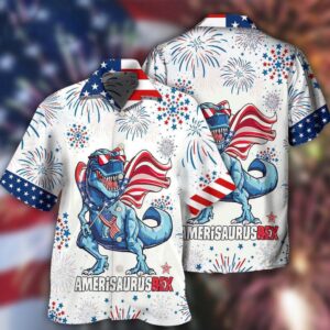 4th Of July Hawaiian Shirt, Dinosaur…