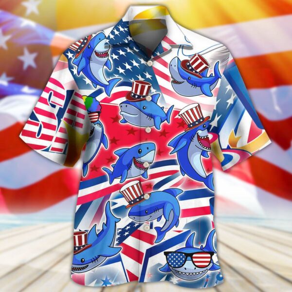 4th Of July Hawaiian Shirt, Shark Funny Usa Flag Independence Day Hawaiian Shirt, Hawaiian Fourth Of July Shirt