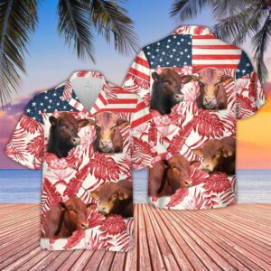 Farm Hawaiian Shirt, Beefmaster Red Floral…