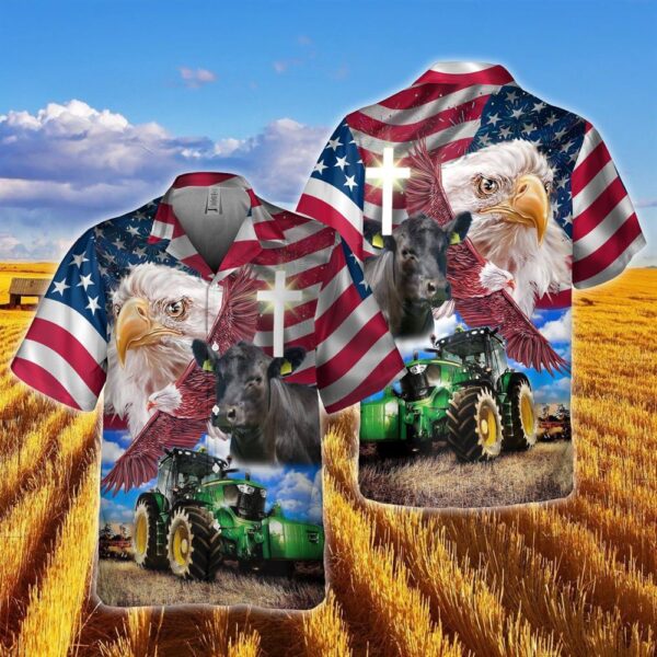 Farm Hawaiian Shirt, Black Angus With Eagles And Tractor 3D Hawaiian Shirt For Men And Women, Animal Hawaiian Shirt