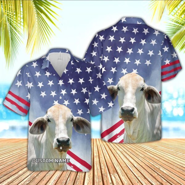 Farm Hawaiian Shirt, Brahman Cattle Star Pattern Customized Name 3D Hawaiian Shirt, Animal Hawaiian Shirt