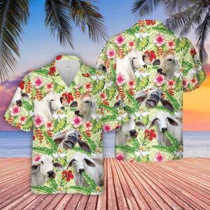 Farm Hawaiian Shirt, Brahman Hibicus Floral…