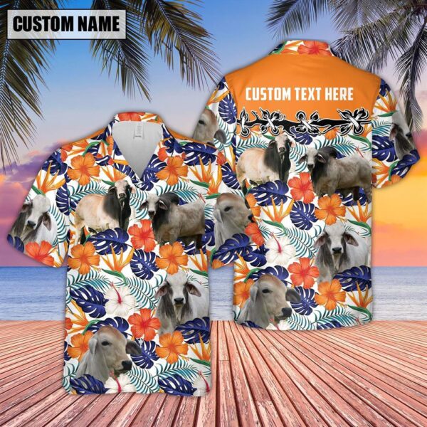 Farm Hawaiian Shirt, Brahman Hibiscus Blue Floral Custom Name 3D Hawaiian Shirt, Animal Hawaiian Shirt