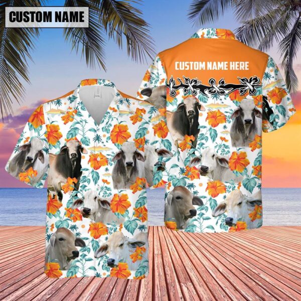 Farm Hawaiian Shirt, Brahman Hibiscus Floral Custom Name 3D Hawaiian Shirt, Animal Hawaiian Shirt