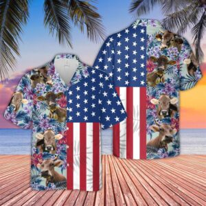 Farm Hawaiian Shirt, Braunvieh Flower Pattern…