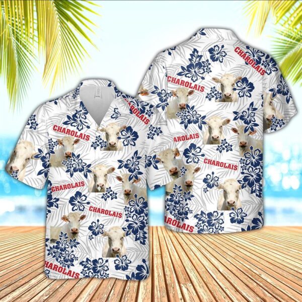 Farm Hawaiian Shirt, Charolais American White Flowers Pattern Hawaiian Shirt, Animal Hawaiian Shirt