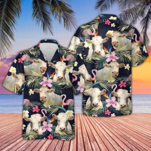 Farm Hawaiian Shirt, Charolais And Flamingo…