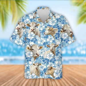 Farm Hawaiian Shirt, Charolais Cattle Blue…