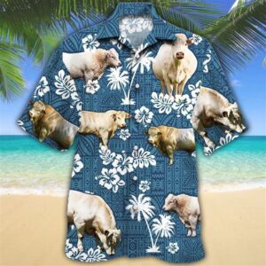 Farm Hawaiian Shirt, Charolais Cattle Blue…