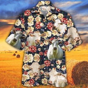 Farm Hawaiian Shirt, Charolais Cattle Green…