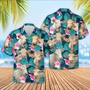 Farm Hawaiian Shirt, Charolais Cattle Palm…