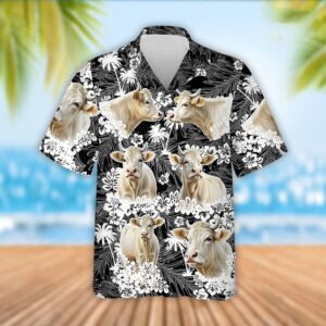 Farm Hawaiian Shirt, Charolais Cattle Palm…