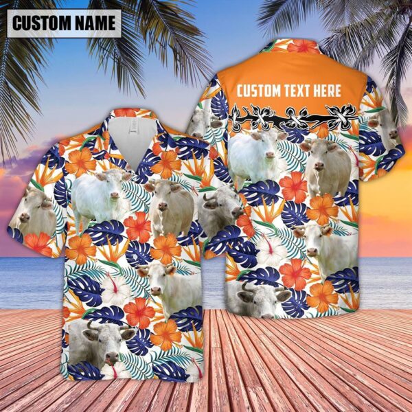 Farm Hawaiian Shirt, Charolais Hibiscus Blue Floral Custom Name 3D Hawaiian Shirt, Animal Hawaiian Shirt