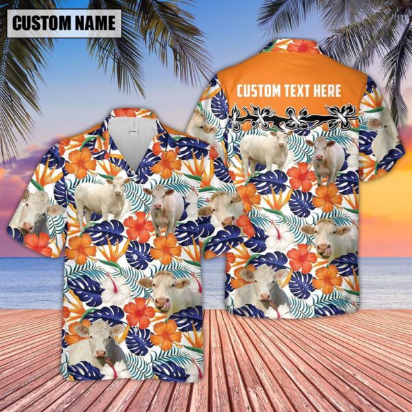 Farm Hawaiian Shirt, Charolais No Horn Hibiscus Blue Floral Custom Name 3D Hawaiian Shirt, Animal Hawaiian Shirt