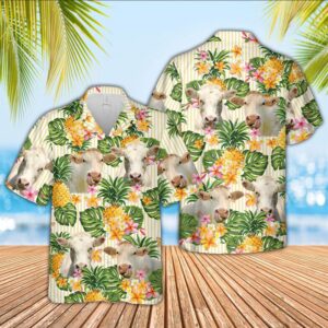 Farm Hawaiian Shirt, Charolais Pineapple Pattern…