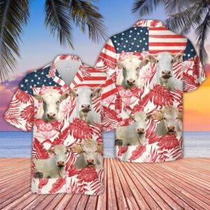 Farm Hawaiian Shirt, Charolais Red Floral…