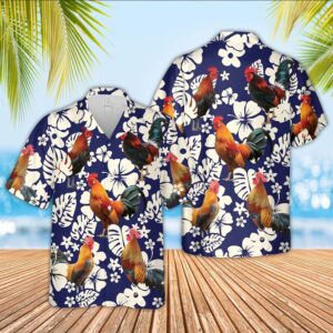 Farm Hawaiian Shirt, Chicken Flower Blue…