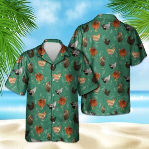 Farm Hawaiian Shirt, Chicken Pattern Green…