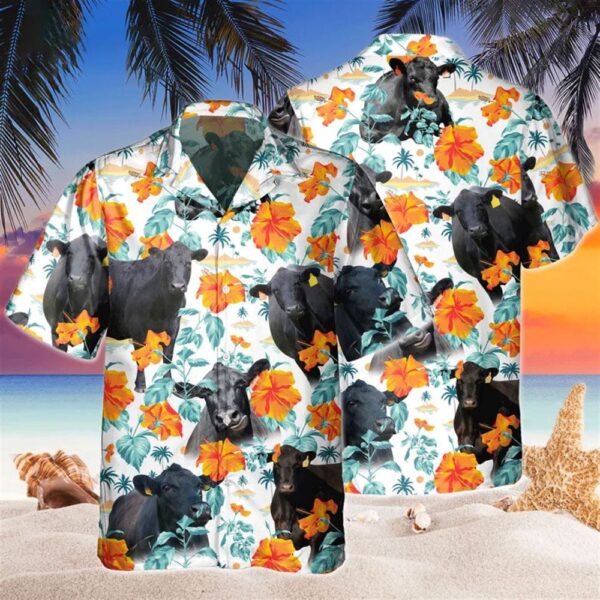 Farm Hawaiian Shirt, Custom Name Black Angus Hibiscus Flowers All 3D Printed Hawaiian Shirt For Men And Women, Animal Hawaiian Shirt