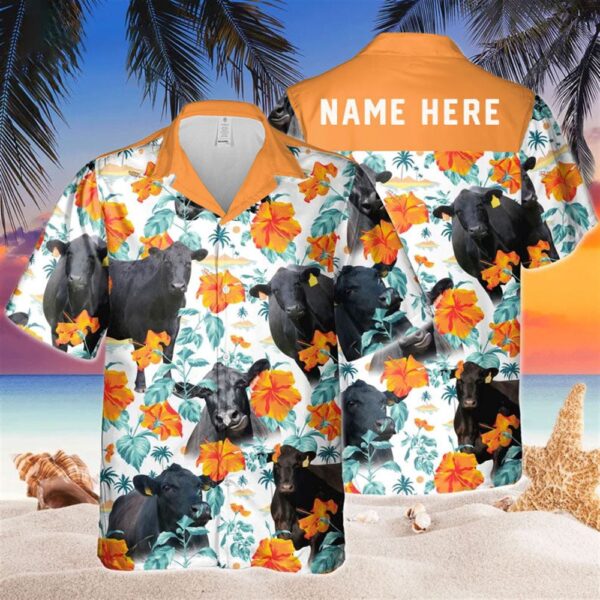 Farm Hawaiian Shirt, Custom Name Black Angus Hibiscus Flowers Orange All 3D Printed Hawaiian Shirt For Men And Women, Animal Hawaiian Shirt