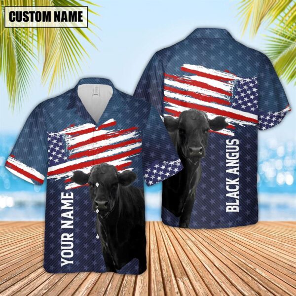 Farm Hawaiian Shirt, Custom Name Black Angus Us Flag Pattern 3D Hawaiian Shirt, Animal Hawaiian Shirt