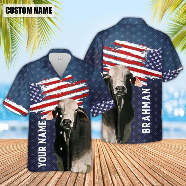 Farm Hawaiian Shirt, Custom Name Brahman Cattle Us Flag Pattern 3D Hawaiian Shirt, Animal Hawaiian Shirt
