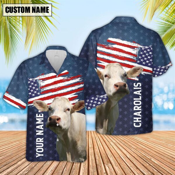 Farm Hawaiian Shirt, Custom Name Charolais Cattle Us Flag Pattern 3D Hawaiian Shirt, Animal Hawaiian Shirt