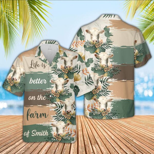 Farm Hawaiian Shirt, Custom Name Charolais Life Is Better On The Farm Hawaiian Shirt, Animal Hawaiian Shirt