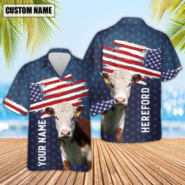 Farm Hawaiian Shirt, Custom Name Hereford Us Flag Pattern 3D Hawaiian Shirt, Animal Hawaiian Shirt