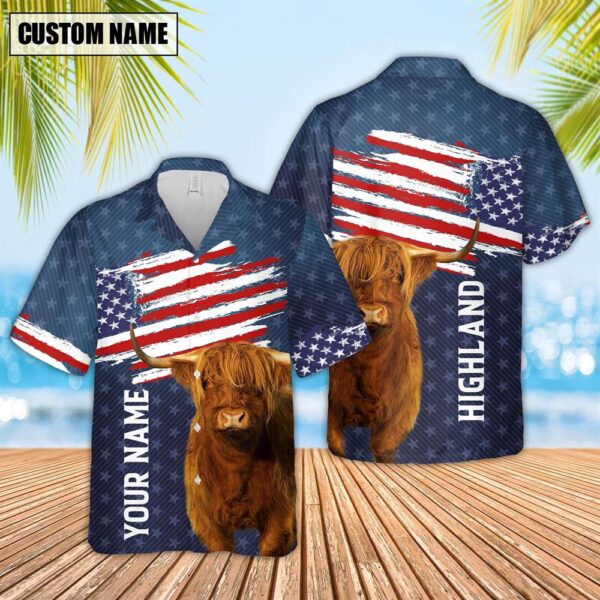 Farm Hawaiian Shirt, Custom Name Highland Cattle Us Flag Pattern 3D Hawaiian Shirt, Animal Hawaiian Shirt