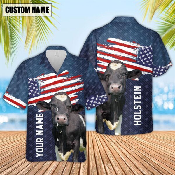 Farm Hawaiian Shirt, Custom Name Holstein Us Flag Pattern 3D Hawaiian Shirt, Animal Hawaiian Shirt