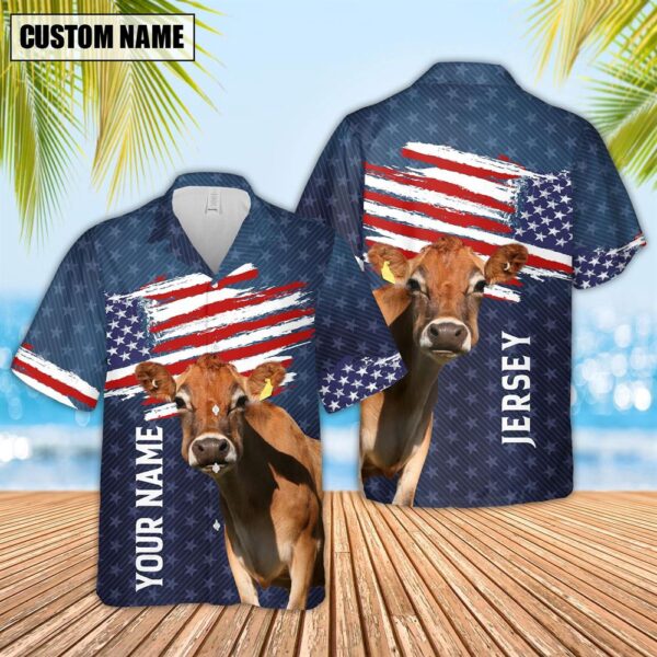 Farm Hawaiian Shirt, Custom Name Jersey Cattle Us Flag Pattern 3D Hawaiian Shirt, Animal Hawaiian Shirt