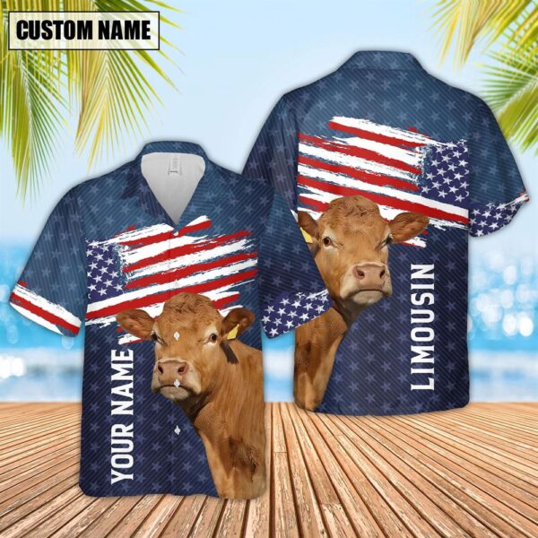 Farm Hawaiian Shirt, Custom Name Limousin Cattle Us Flag Pattern 3D Hawaiian Shirt, Animal Hawaiian Shirt