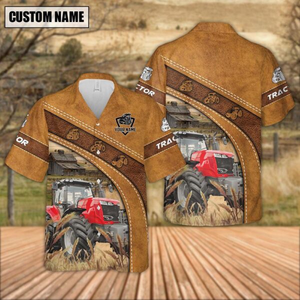 Farm Hawaiian Shirt, Custom Name Red Tractor Leather Pattern Hawaiian Shirt For Men And Women, Animal Hawaiian Shirt