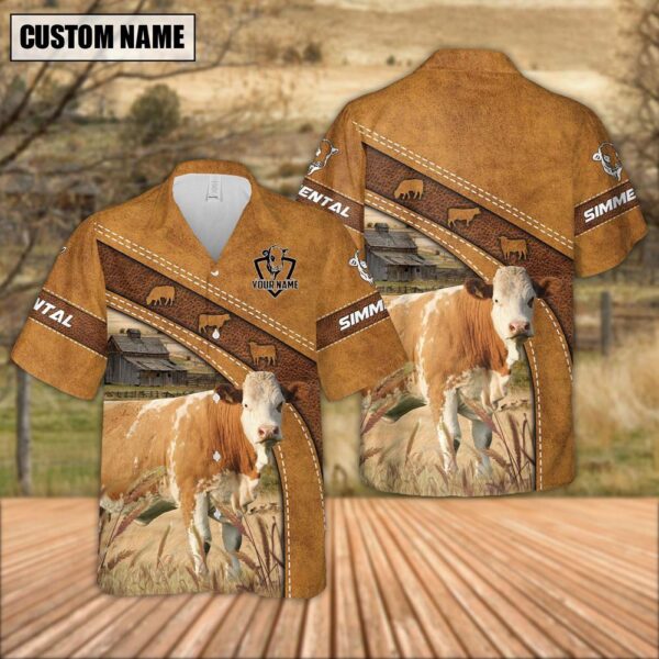 Farm Hawaiian Shirt, Custom Name Simmental Leather Pattern Hawaiian Shirt For Men And Women, Animal Hawaiian Shirt