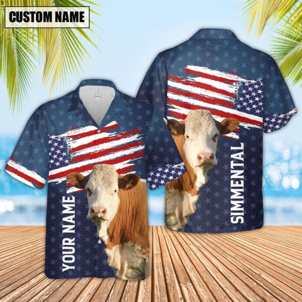 Farm Hawaiian Shirt, Custom Name Simmental Us Flag Pattern 3D Hawaiian Shirt, Animal Hawaiian Shirt