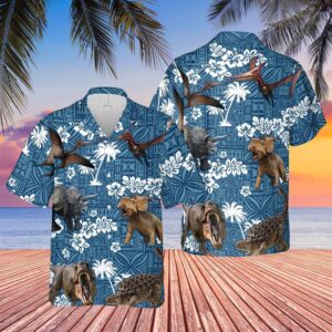 Farm Hawaiian Shirt, Dinosaur Blue Tribal…