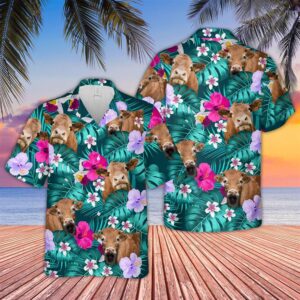 Farm Hawaiian Shirt, Gelbvieh Cattle Tropical…