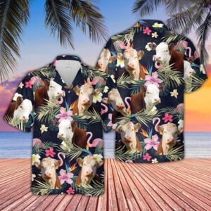 Farm Hawaiian Shirt, Hereford And Flamingo…