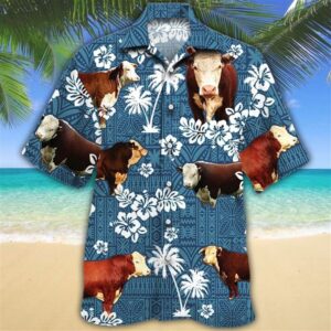 Farm Hawaiian Shirt, Hereford Cattle Blue…