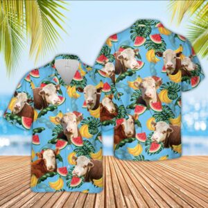 Farm Hawaiian Shirt, Hereford Cattle Blue…