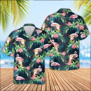 Farm Hawaiian Shirt, Hereford Cattle Flamingo…