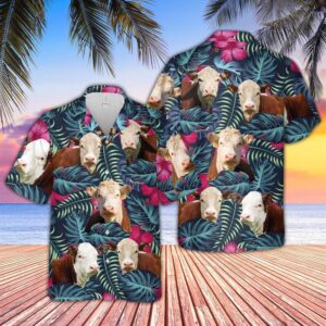 Farm Hawaiian Shirt, Hereford Cattle Floral…