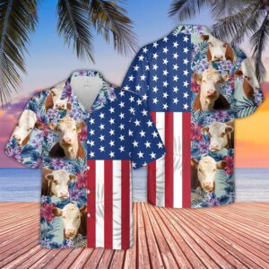 Farm Hawaiian Shirt, Hereford Cattle Flower…