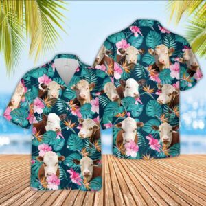 Farm Hawaiian Shirt, Hereford Cattle Palm…